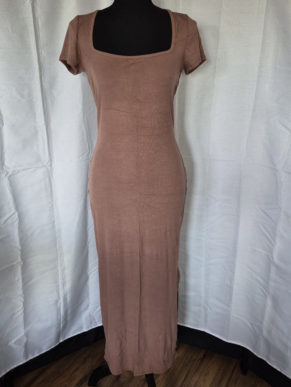 See You Monday Mauve Brown Square Neck Short Sleeve Maxi Dress